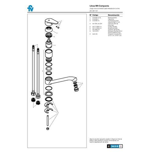 despiece_monocomando_fv_0411.01-m4 Monocomando Mesada Cocina FV M4 Compacta 0411.01/M4