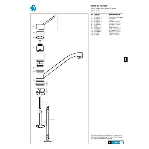 despiece_monocomando_fv_0411.01-b2 Monocomando Mesada Cocina FV Newport 0411.01/B2