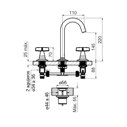 plano_dob_com_petalo_fv_0207-m3p Grifería Lavatorio Doble Comando FV Pétalo 0207/M3P