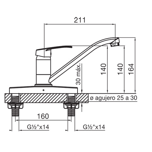 plano_monocomando_fv_0411.03-b1 Monocomando Dos Agujeros Mesada Cocina FV Arizona 0411.03/B1